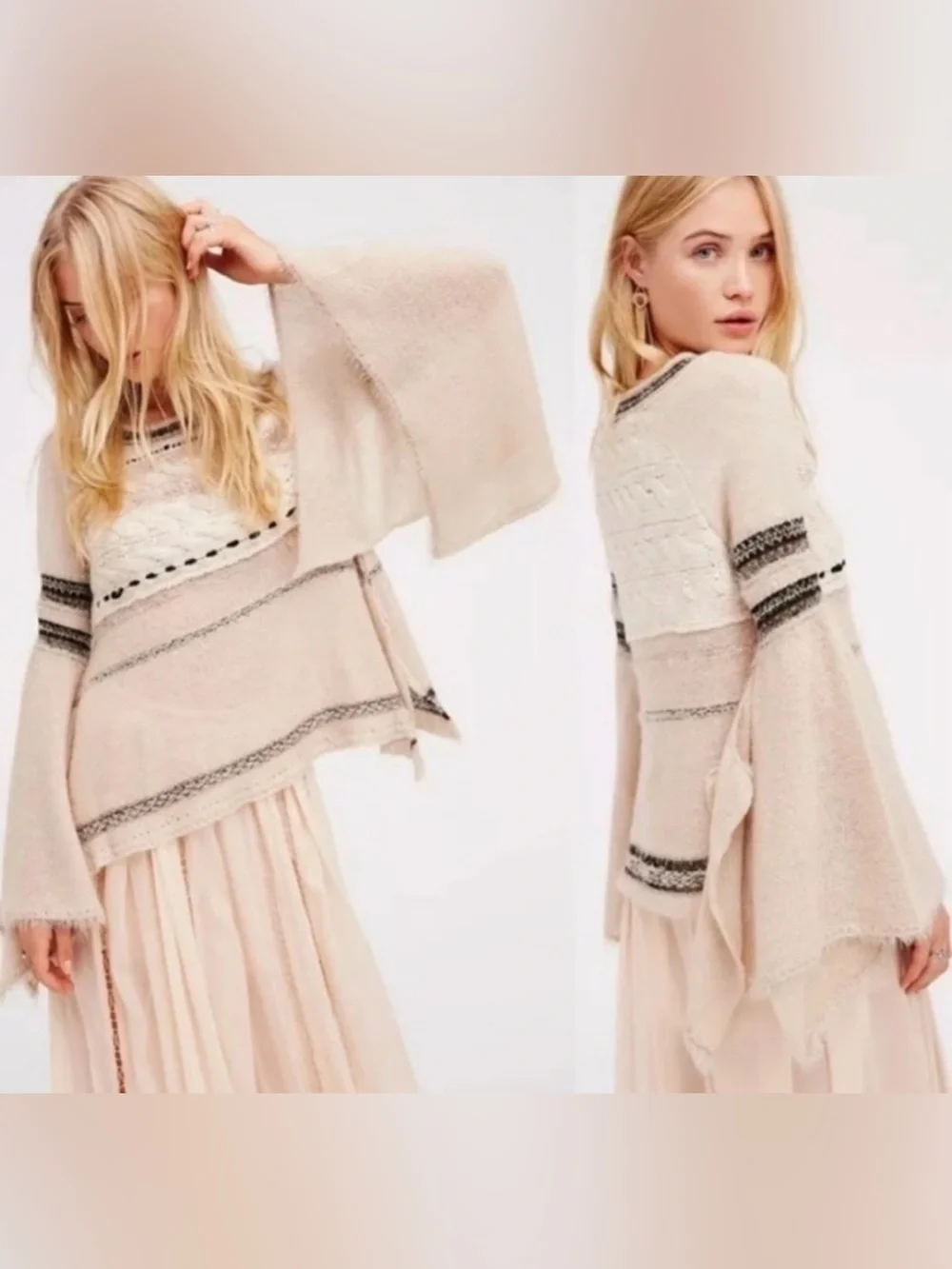FP Craft Time Bell Sleeve sweater cream S fairy grunge distressed flowy boho